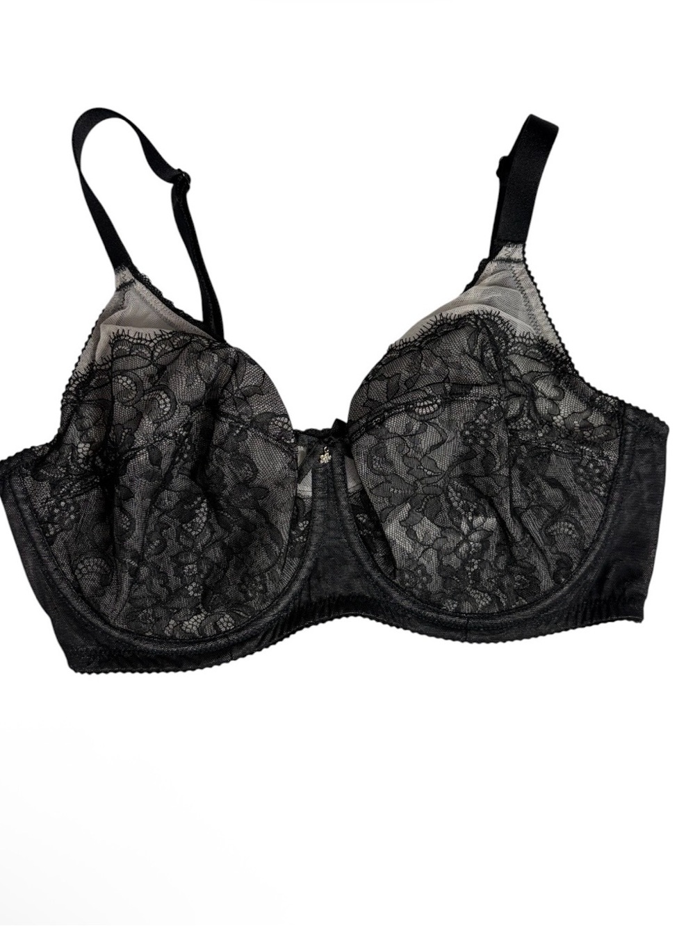 Black with gray sheer lace underwire nylon bra size 34DD